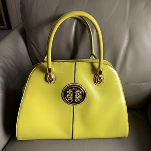 Patent purse - approximately 15”x 11” high.  Chartreuse green with gold hardware
